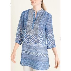 Chicos Blue Beaded Sheer Kurta Seaside Scroll Jewel Neck Tunic Size 4/6